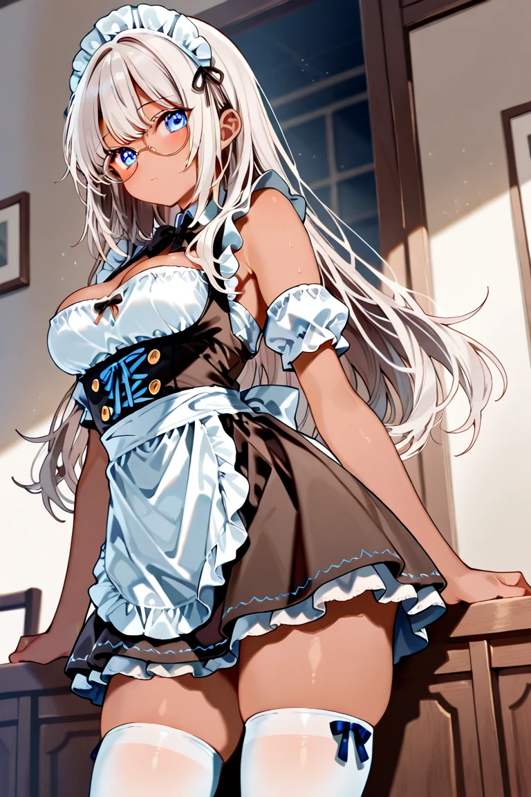 1girl, solo, long hair, big breasts, looking at viewer, smile, bangs, clock blue eyes, red eyes, dancing, removing clothes, brassiere, bow, animal ears, cleavage, bare shoulders, twintails, medium breasts, very long hair, closed mouth, tail, white hair, pantyhose, sidelocks, indoors, bowtie, rabbit ears, blurry, leotard, removing leotard, cup, wrist cuffs, bare arms, strapless, covered navel, leaning forward, detached collar, fake animal ears, heterochromia, blue bow, playboy bunny, rabbit tail, strapless leotard, white pantyhose, white leotard, removing leotard,