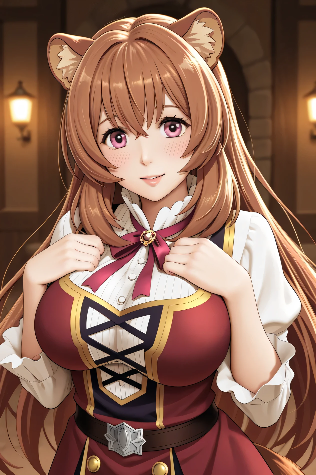 Raphtalia, attractive 25 year old woman, bear ears, glowing orange hair, detailed ruby red eyes, light skin smile, blush, sweet look, sexy cow fantasy. selfie no espelho