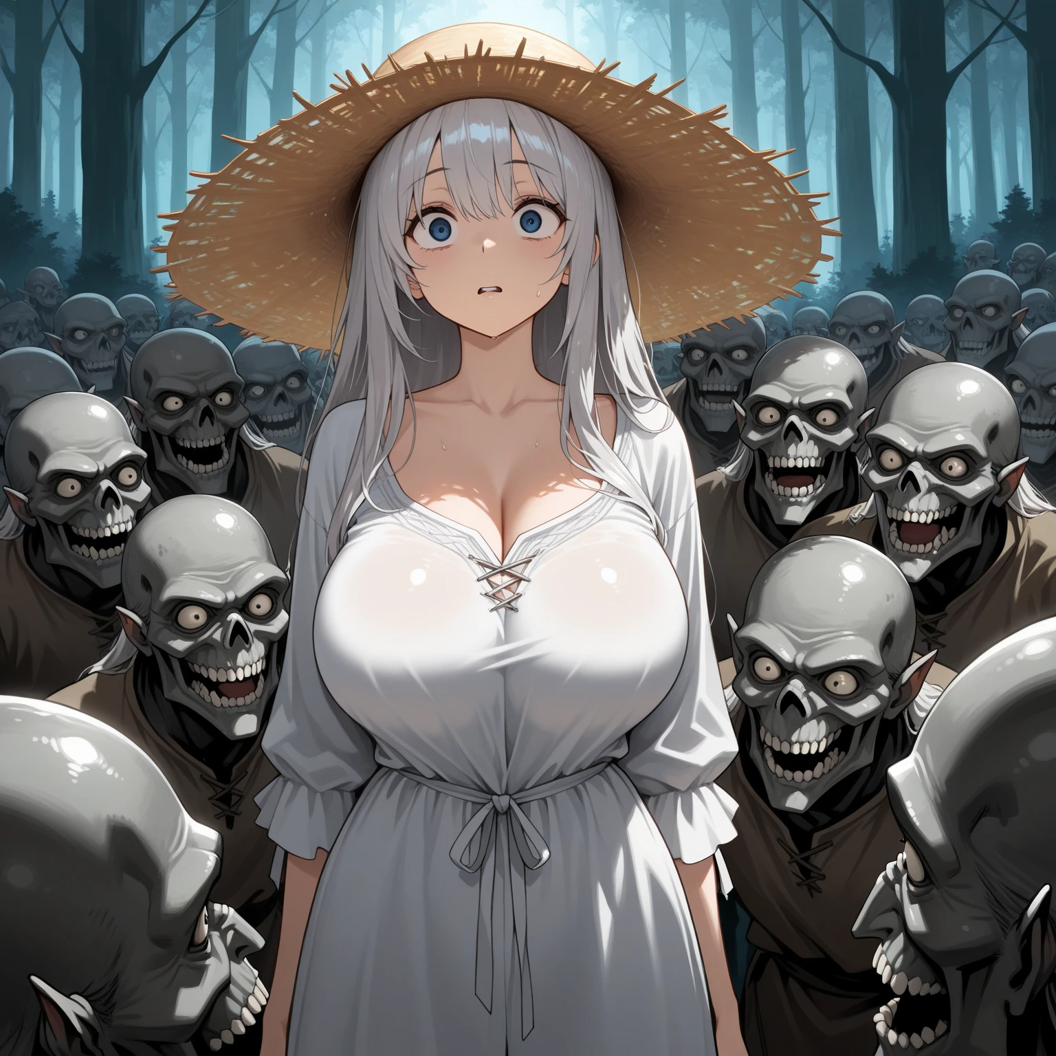woman, large breast,farmer clothes, straw hat, cotton shirt, short jeans, double braid hair, blonde hair, exposed waist, white top, slender, zombified, undead, walking towards viewer