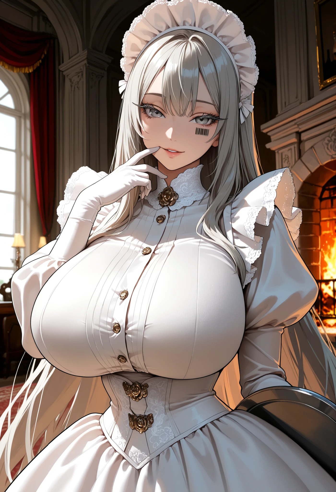 ultra-detailed,((anime artstyle)),extremely detailed,Masterpiece,(Best Quality),(Super Detail),(Very Delicate and Beautiful),((Solo)),(standing pose,full body),facing at viewer,((detailed face and eyes)),blue eyes,perfect eyes,rendered eyes,jewel-like beautiful eyes,sweet smile,((blush)),(((1 maid girl,Victorian maid))),(pregnant),silver hair,(large amount of straight hair,extremely voluminous Very Long straight Hair,Absolutely Long Straight Hair),(((Victorian Maid clothes,long skirt))),white maid apron,(((very gigantic boobs))),(luxury palace),long_gloves,extremely gorgeousfull jeweled hair ornament,white maid headdress,luxurious jewelry,