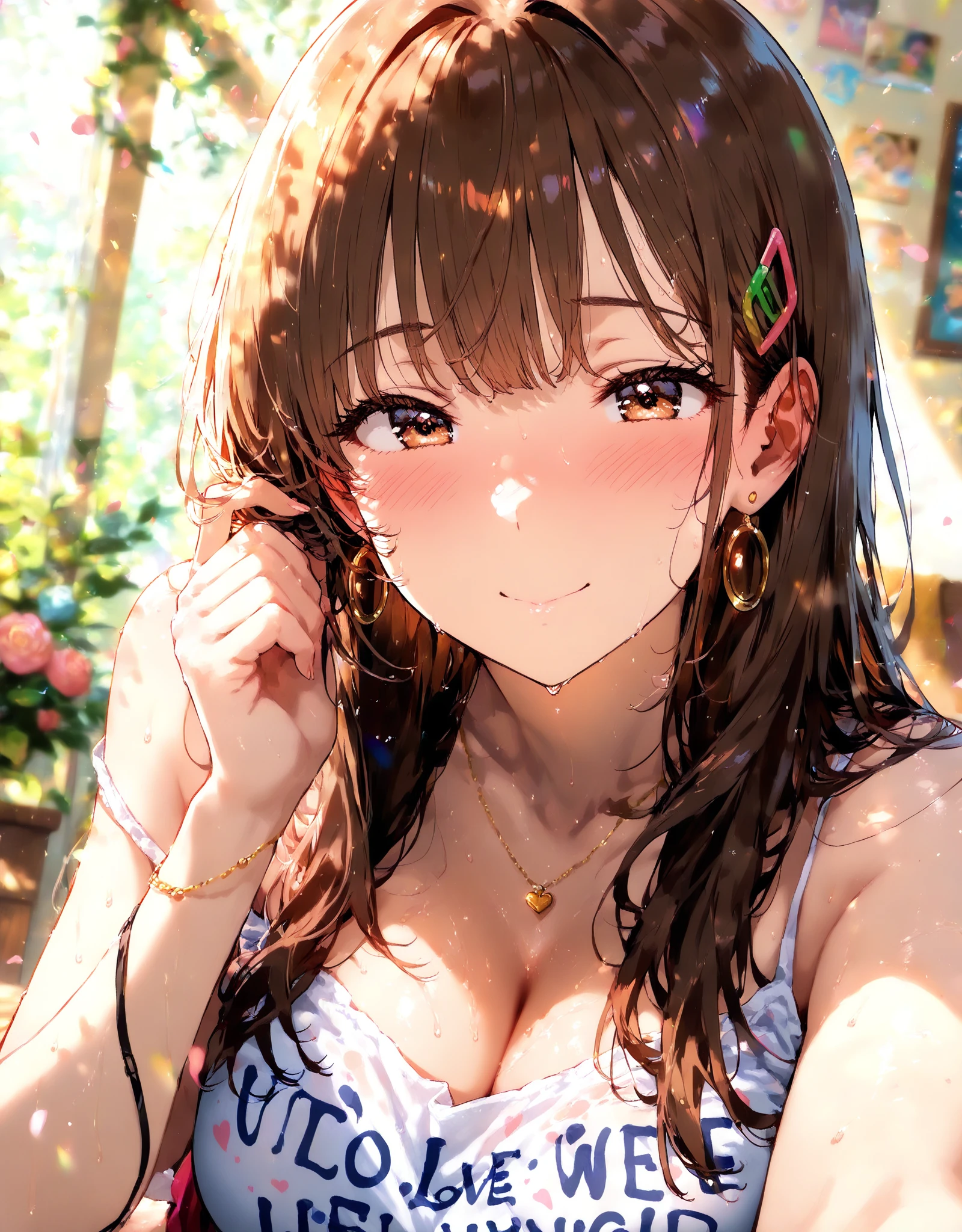 (masterpiece:1.3, Highest quality, Ultra-high resolution, Super detailed), (Realistic, photoRealistic:1.4), Beautiful illustrations, Perfect lighting, colorful, Depth of written boundary, Beautiful detailed hair, Beautifully detailed face, Beautiful fine details, Beautiful clavicle, Beautiful body, Beautiful breasts, Beautiful thighs, Beautiful feet, Beautiful fingers, View your viewers, 1 girl, Perfect Face, (Perfect Anatomy, Anatomically correct), Cute and symmetrical face, Baby Face, , Shiny skin, (Brown Hair), Hair between the eyes, Dark green eyes, Droopy eyes, Big eyes, Long Eyelashes, (((Luxury underwear)))、((Yellow floral underwear))),(bra、Embroidery pattern)、(((panties、Embroidery pattern)))、(Beautiful views), Bright lighting、smile、laughing,(((semen)))、(((The whole body is visible)))
