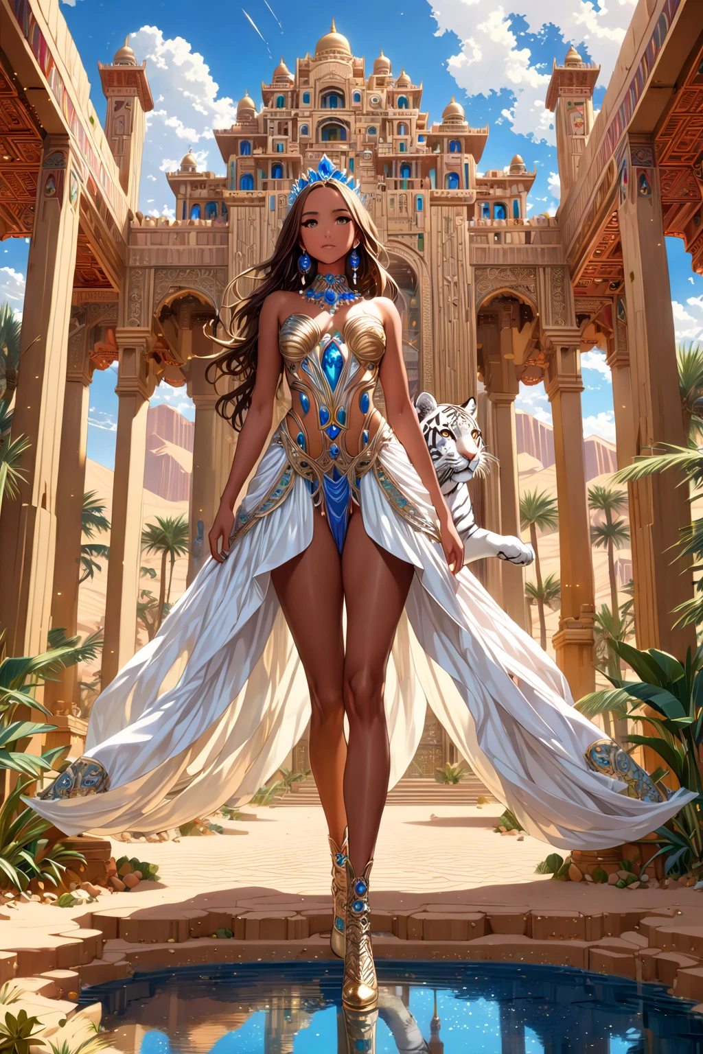 Arafed digital painting of a desert princess BREAK and her pet cougar in her palace high details, best quality, 16k, f a female human princess and her pet cougar, princess of the desert, full body, ((anatomically correct: 1.5)) ((standing: 1.5)) proudly royalty demeanor, a woman, (best detailed face: 1.5), Ultra Detailed face, ((human ears: 1.3)), wearing royal desert dress, decorated with gems, wearing princess tiara, small cleavage, thigh high intricate leather high heeled boot, thick hair, long hair, brown hair, tan skin intense brown eyes, her epic desert (cougar : 1.3) lying at her feet, guarding her, an epic fantasy desert palace in an oasis in the background (intricate details, Masterpiece, best quality: 1.5) night, moon light, stars ,Wide-Angle, award winning, best quality, high quality, high details, highres, vibrant, Ultra-high resolution, High Contrast, (masterpiece:1.5), highest quality, Best aesthetics, best details, best quality, highres, ultra wide angle, 16k, [ultra detailed], masterpiece, best quality, chumbasket art style, Cinematic Hollywood Film, 