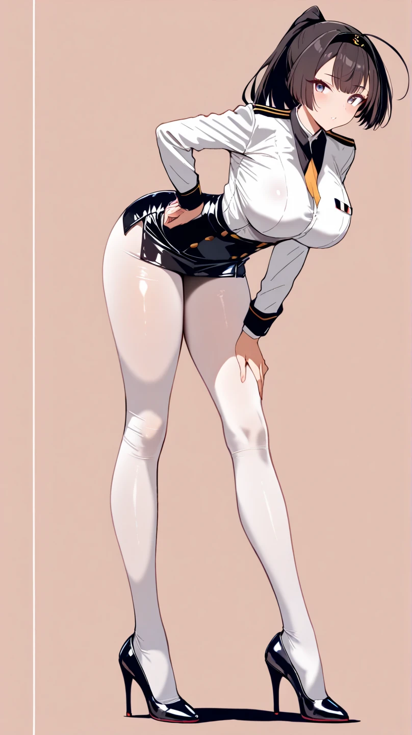 Realistic, front shot, 1girl, kawaii, (super big breasts, micro waist, very long legs:1.4), Big Ass, Black hair, short bob hair, short height, scrawny and thin body, Light Skin, cute eyes, tiny slender cute face, detailed face, Tight school blazer, miniskirt, pigeon-toed, wet and sweaty, big visible ribs, V sign, Trembling