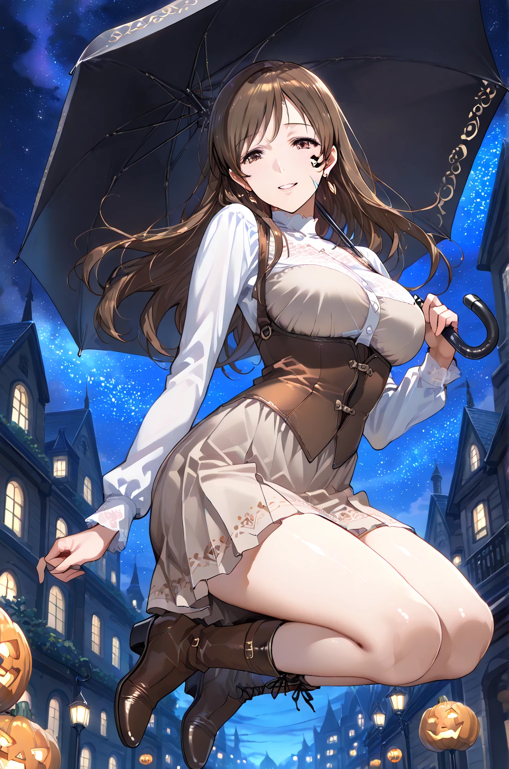 ((Tabletop, highest quality, High resolution, , Pixel Perfect, 4K, ))), Beautiful woman,, alone, beauty、The whole body is visible、 (((Sexy Witch Cosplay), Long dark blonde wavy hair、Off-the-shoulder jacket, Dark blue flared skirt、Witch Hat、Mid-wave hair, bangs, Brown Hair)), ((Brown eyes, Beautiful eyelashes, Realistic eyes)), ((Detailed face, Blushing:1.2)), ((Smooth texture:0.75, Realistic texture:0.65, Realistic:1.1, Anime CG Style)), Center of chest, Dynamic Angle, Perfect body, ((,)), 、、Very embarrassing panic smile, 、Castle town square、(The wind flipped up her skirt, 、Touching the crotch with both hands、、Arms crossed pose、Show your ass、Her white and light blue floral lace panties、)、Angle from below