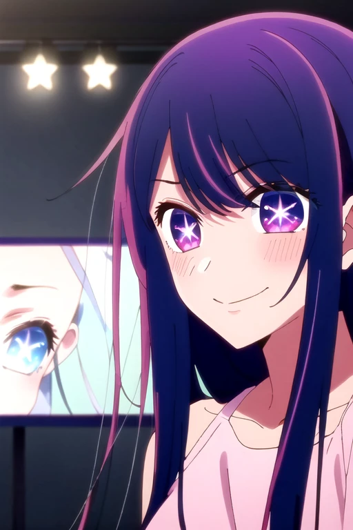 masterpiece,Very detailed,(One girl:1.2),Purple Hair,Pink Dress,Star Eyes,Big eyes ,Close-up shot,Clothes that are almost naked,Large Breasts