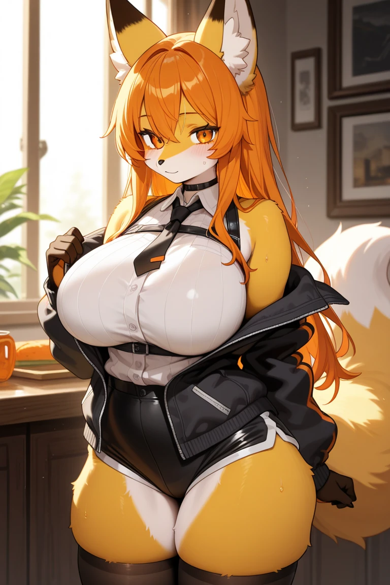 4k, 1girl, fox girl, fox ears, orange hair, green eyes, freckles, ponytail, blunt bangs, diagonal bangs, unkept hair, long hair, gigantic breasts, gigantic breasts, from arknights, series: arknights, jacket, white shirt, tie, short skirt, thighhighs, knee boots, black gloves, giantess, cityscape, gtscity,
