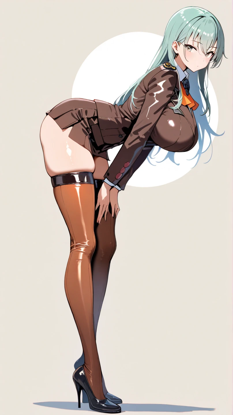 masterpiece, high score, great score, absurdres,1 girl ,big breasts,looking at viewer,thigh high stocking,kancolle-suzuya,uniform,simple background,(shiny clothes),high heels,full body,standing,long legs,tall,mini skirt,leaning forward,