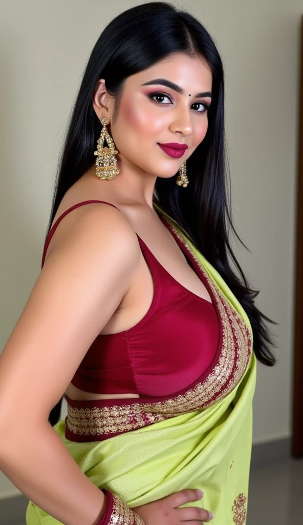 shruti haasan 27 years old beautiful different face cute sexy cute girl, big c-cup breast, beautiful different colorful branded Dhakai Jamdhani Bengali Saree, different hairstyle, bright eyes, thin eyebrows, fair skin, blushing cheeks, head to thigh view, smiling face, Straight standing on poor village different background, ultra realistic, head to thigh view, black hair, Provocative eye Contact, glossy lipstick, night mode