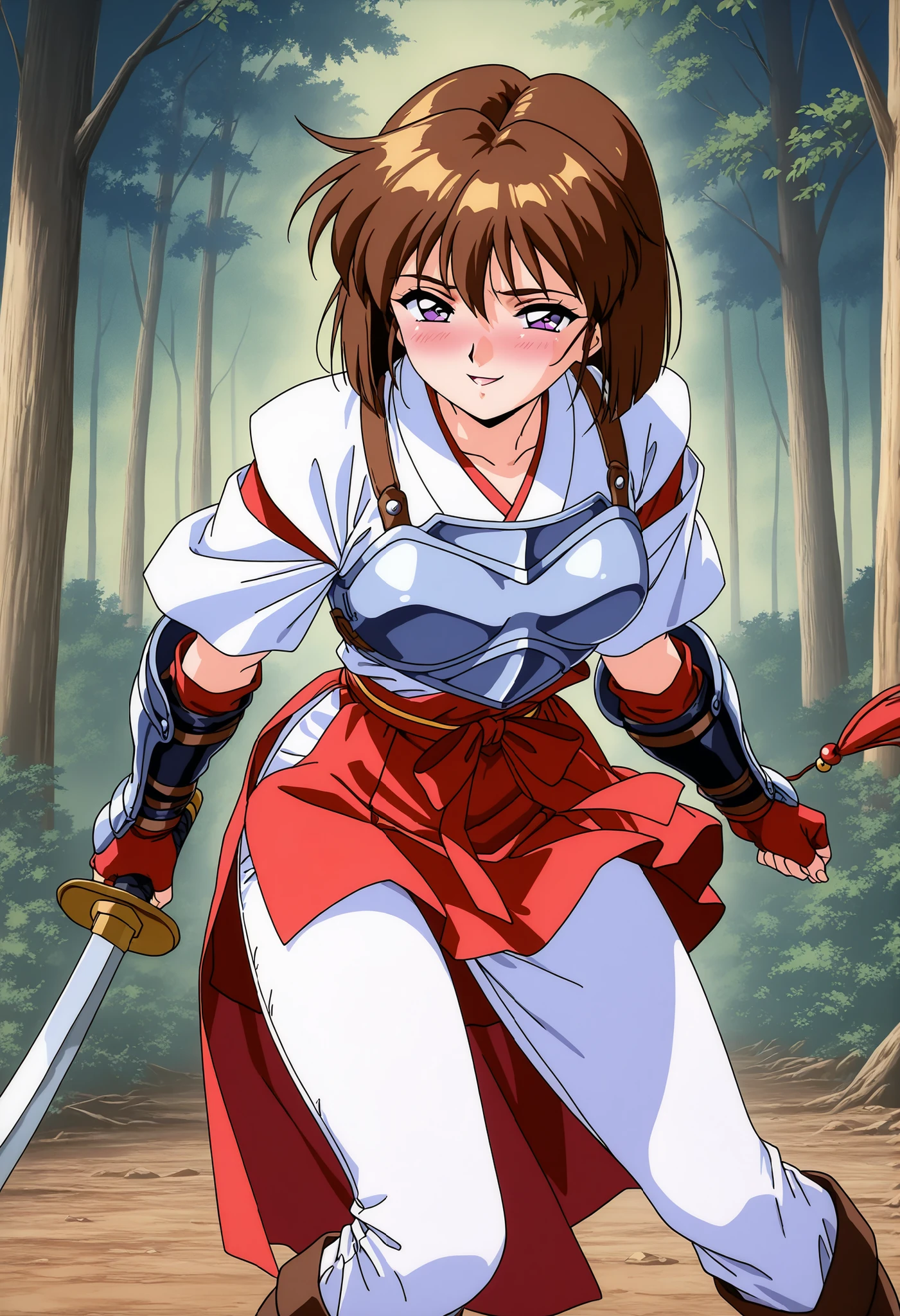 score_9, score_8_up, score_7_up,1990s \(style\),anime coloring,ultra-detailed,official art,best quality,good quality,valkyrie,miko,BREAK,1girl,solo, Amatsu_Mai, brown hair, short hair, breasts, purple eyes, bob cut, bangs,BREAK, hagoromo, red gloves, fingerless gloves,sash, skirt, japanese clothes, obi, thighs, collarbone, red skirt,(pants:1.3),((breastplate,gauntlet,boots)),weapon, naginata,short sword,BREAK,seductive smile,embarrassed,(((in heat,aroused))),BREAK,standing,(upper body),outdoor,forest