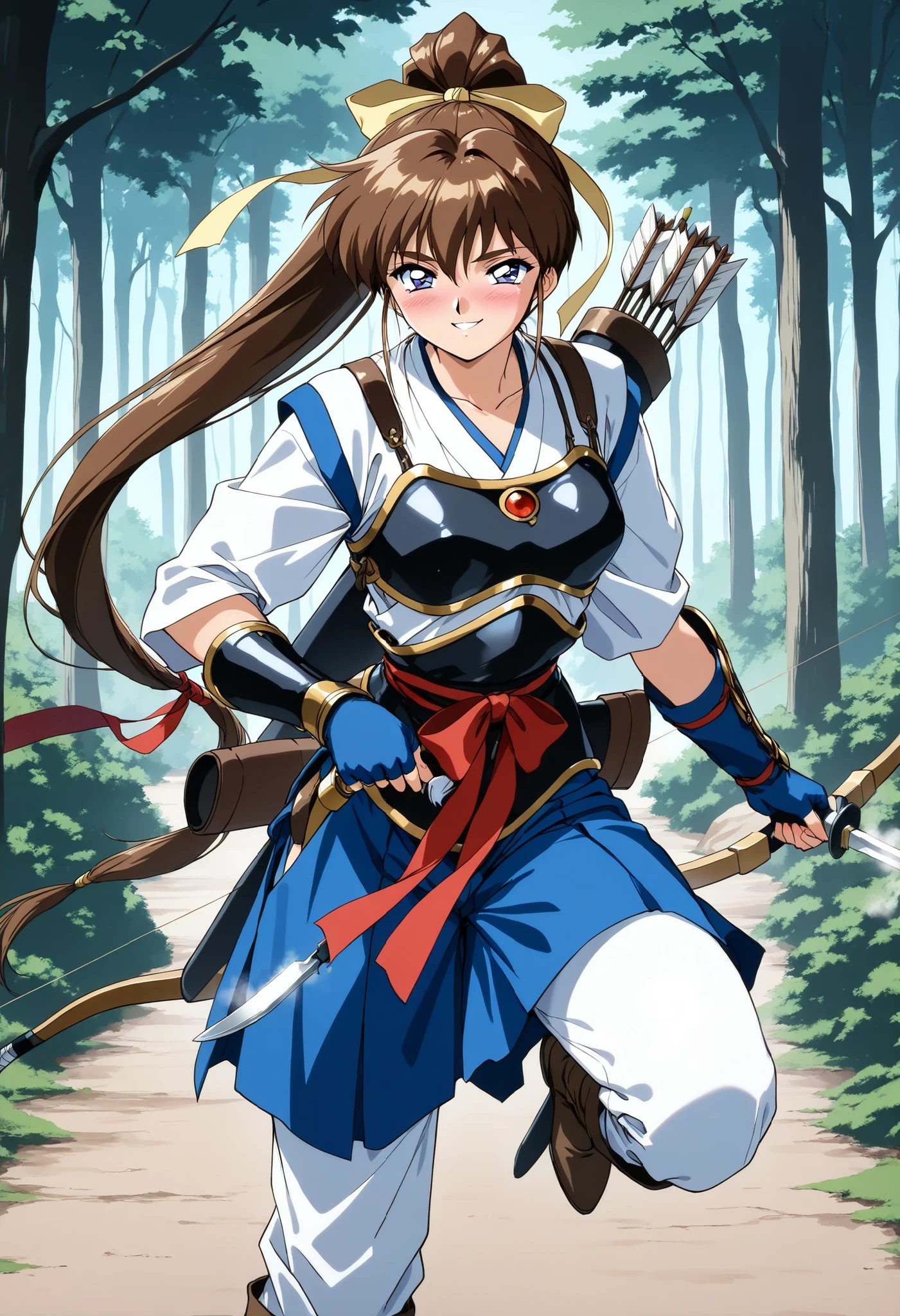 score_9, score_8_up, score_7_up,1990s \(style\),anime coloring,ultra-detailed,official art,best quality,good quality,,valkyrie,miko,BREAK,1girl, solo,Amatsu_Ai, brown hair, ponytail, very long hair, ribbon, hair ribbon, hair bow, breasts, blue eyes, bangs, purple eyes, high ponytail,BREAK, hagoromo, blue gloves, fingerless gloves,sash, skirt, japanese clothes, obi, thighs,  collarbone,  blue skirt,(pants:1.3),((breastplate,gauntlet,boots)),(((bow (weapon),quiver,short sword))),BREAK,seductive smile,embarrassed,(((in heat,aroused))),BREAK,standing,(upper  body),outdoor,forest