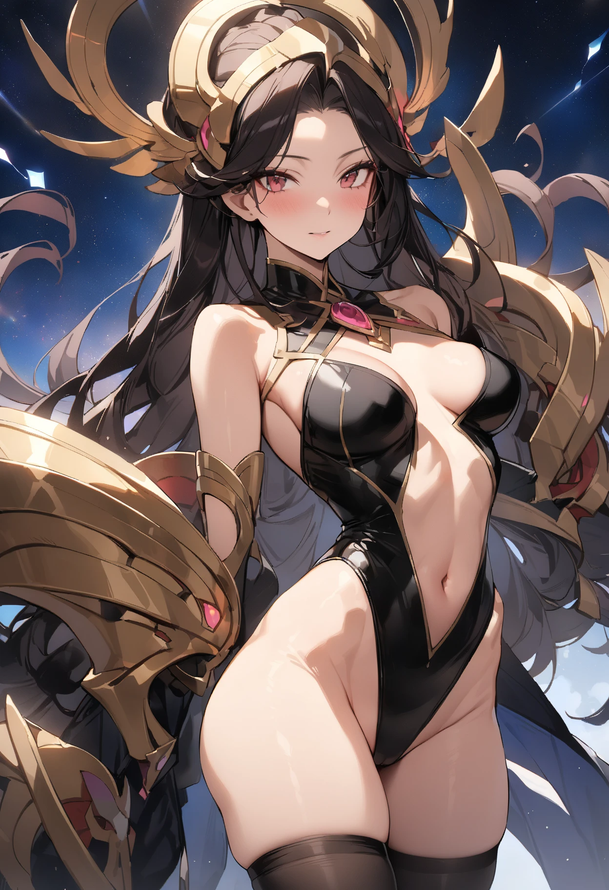 Realistic, (Masterpiece, Top Quality, Best Quality, Official Art, Beauty and Aesthetics: 1.2),1 woman in a gold Saint's costume, hand he holds a golden ringblade weapon,extremely detailed artgerm, anime goddess, ayaka genshin impact, wlop rossdraws, keqing from genshin impact,, gorgeous female paladin, alluring elf princess knight, artgerm and rossdraws,Golden showgirl headdress,dark brown hair