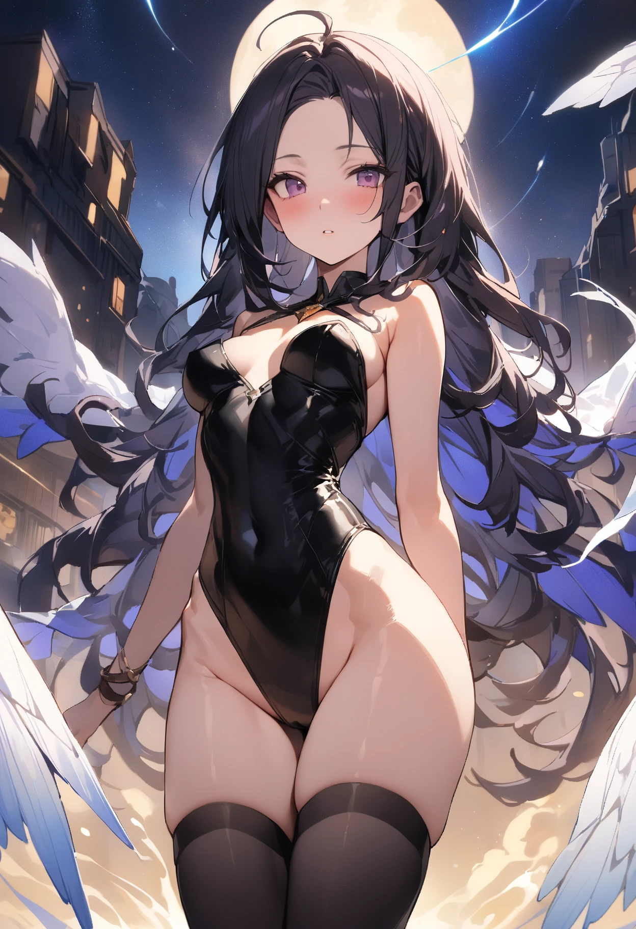 Aerial View,giant girl 50,000 feet high,Weight 1000kg,Has a pair of huge black angel wings,With huge devil horns on his head,Has waist-length black hair,loose hair,Big black wavy curls,black crown,Wearing a pair of black Mary Jane high heels,Black lace gloves,Black lace pantyhose,Bow and star embellished tights,黑色蕾丝whole body,Standing tall above the small town,Beautiful appearance,Exquisite makeup,quality,8k,高quality,Perfect proportion, Cinema lighting,film grain,Fuji colors,8k,textured skin,Super details,high detail,high resolution,fake smile,blood stains,脚底有blood stains,whole body,fat,feather
