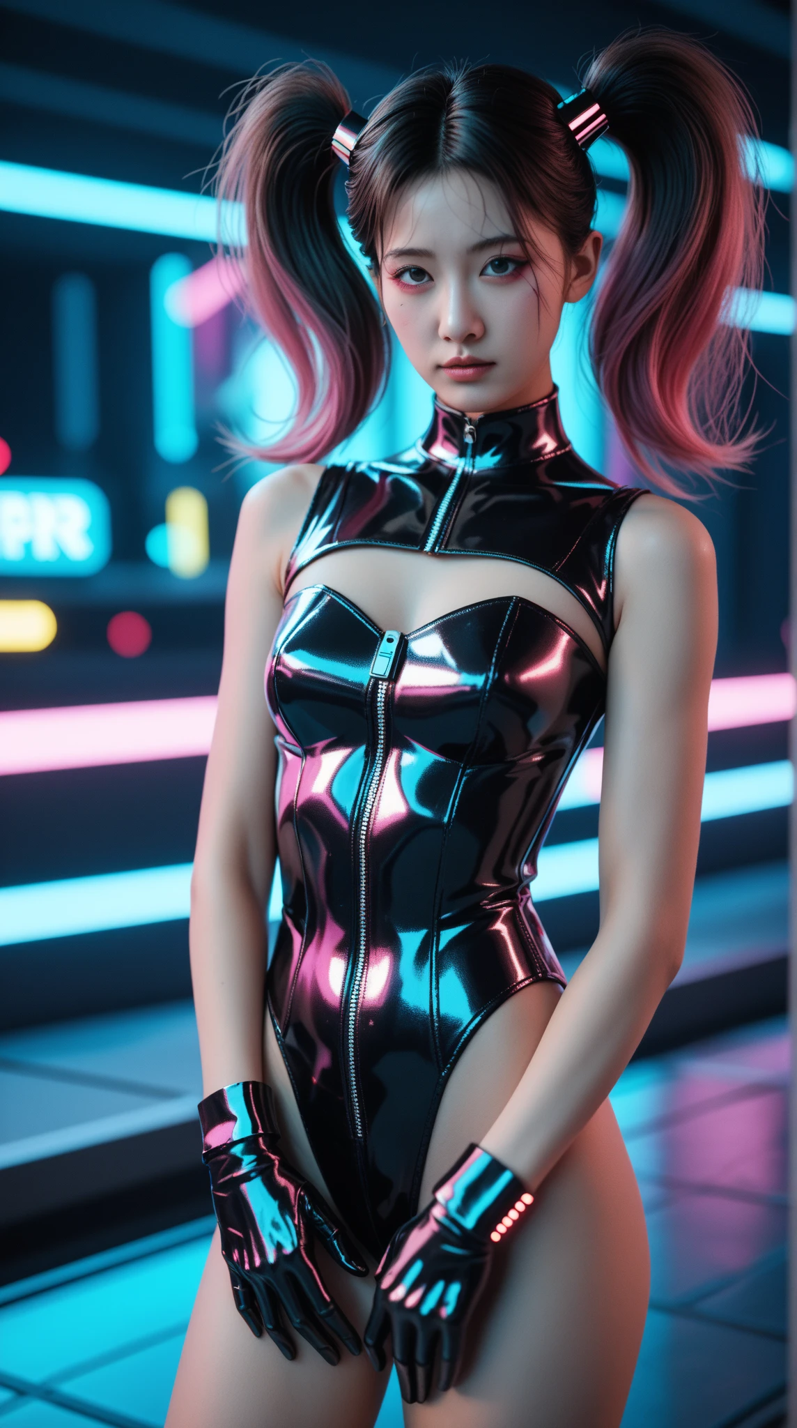 Cyber City,The cosplayer is a very beautiful Western 18 yo teen, Sexy super shiny skin tight fluorescent holographic cyberpunk suit:1.3 ,Sexy face,lip gloss, mouth open, skinny and muscular, visible collarbone, choker, naughty smile,cameltoe,Sexy Pose, (long rainbow colored hair), multicolored streaked hair,small firm breasts,professional lighting,Cinematic Light,(masterpiece,top-quality,Ultra-high resolution output image) ,(The 8k quality,),(Sea Art 2 Mode:1.3),(Image Mode Ultra HD), kneeling, worshiping her master, waruochi, pleeding eyes, pleeding, open mouth, ahegao, skimpy, arms behind head