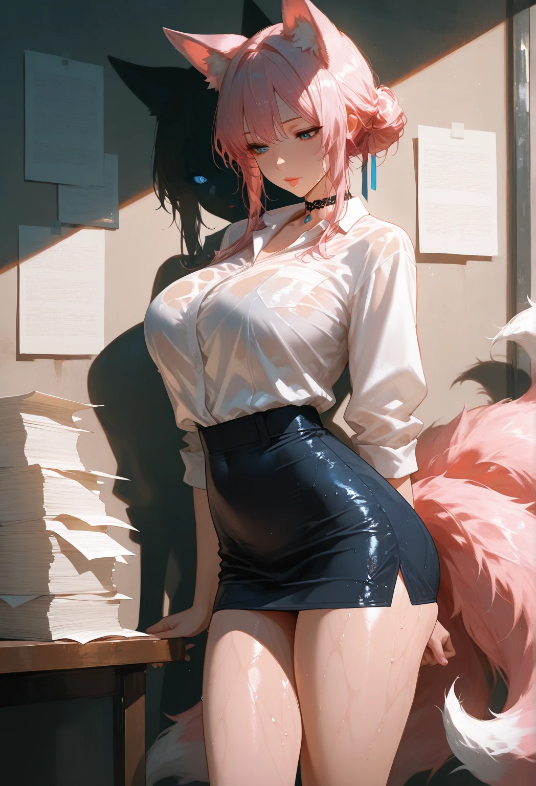 (masterpiece, realistic, best quality, perfect face, (beautiful and aesthetic:1.4), highest detailed face), ((Ingrid, 1girl, mature female, dark skinned female, pink hair, long hair, yellow eyes, (fake breasts), (narrow waist:1.2), wide waist, (tall waist:1.3)), perfect fit body, (cleavage:1.2), (((secretary:1.2), striped jacket, bra, black skirt suit, pencil skirt, miniskirt, high heels, (striped skirt:1.1), fishnet pantyhose, high heels)), (sexy pose:1.3), ((detail background), in office)), detailed skin, skin pores, long detailed eyelashes, (night:1.3), curvy body type, looking at viewer, close up shot, (solo:1.4), (elegant, intricate, digital photography, high quality, 4k, extremely detailed, sharp, CG, hyper realism, dramatic light, HDR),