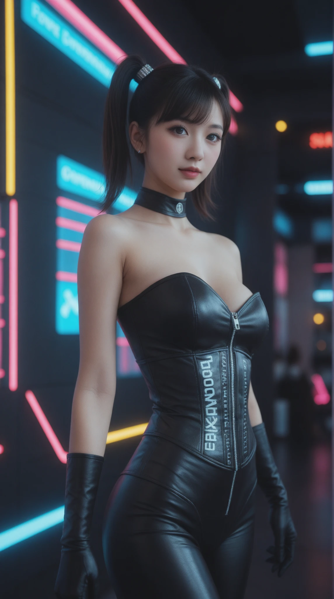 there is a woman in a black dress posing for a picture, an oppai cyberpunk, trending at cgstation, Trending on CGSTATION, 3 d render character art 8 k, cyberpunk 2 0 y. o Model girl, female cyberpunk anime girl, Cyberpunk Anime Girl, 8k artgerm bokeh, photorealistic anime girl render, cyberpunk beautiful girl, 3 d anime realistic