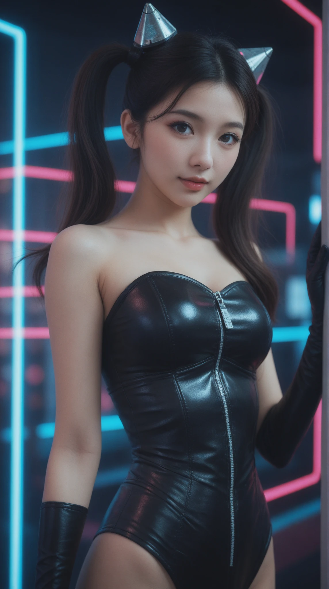 4k,1 girl,charming smile, Light blue neon ,Female android dancing, cyber punk, Club Music,dim lighting,neon signs,fc portrait, neon,cyber punk, futuristic ,blade runner,Edom,Club Music,