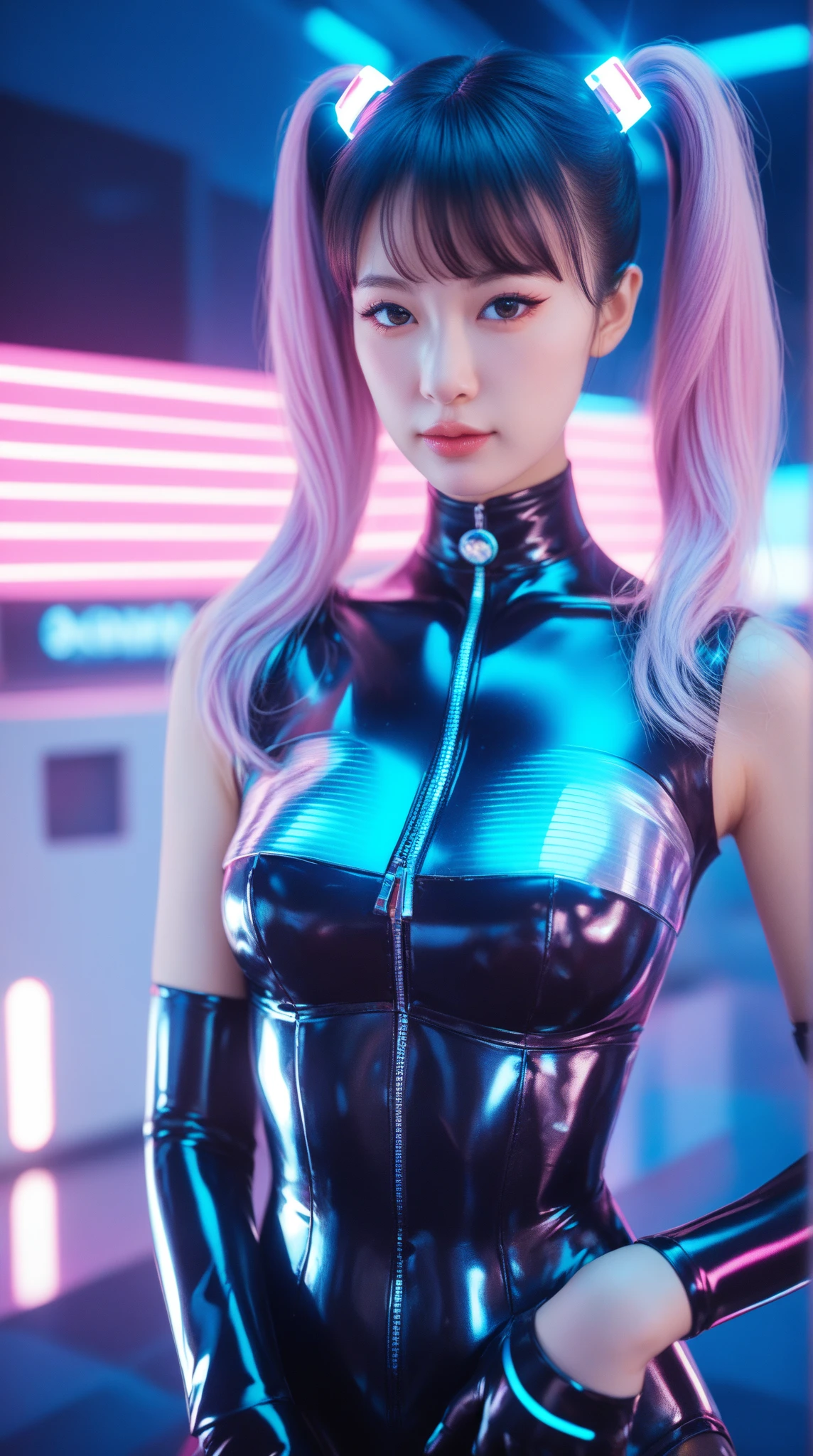 ((8k, RAW photos, best image quality, masterpiece,:1.2)), (realistic, photorealistic: 1.3),(depth of field: 1.2),18 years old beautiful Japan girl, dynamic angle,(1 person:1.3),1 girl,solo,sci-fi,futuristic idol, colorful and high-tech idol dress, glowing neon light idol dress, holographic clothing, reflective dress, techwear, volumetric lighting, glowing eyes, rainbow hair, long hair, flowing hair, cute smile, microphone, neon lights, neon rim lights, laser beam on stage, psyllium, spotlights, cowboy shots, moody lighting, concert venue, on stage, (audience around stage: 1.5), (singing with microphone on stage:1.5),Complex Detail,Cyberpunk,(Exploding Pixel Particles:1.2),Dynamic Lighting,From Below