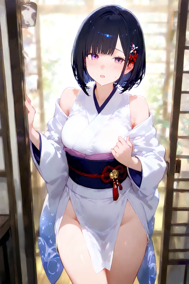 (nsfw:0.8), (masterpiece:1.3), (ultra detailed:1.2), (1girl:1.8), (traditional festival, outside:1.5), (cowboy shot:1.3), (from below:1.6), black hair, (serious, open mouth:1.3), (blush:1.2), (medium breast:1.1), (face detailed, body detailed:1.6), (white kimono clothes, bottomless:1.5), (shiny skin, oily skin, sweat:1.3), (clothes detailed:1.6), (hip detailed:1.3), (looking away:1.9), (dancing:1.4),