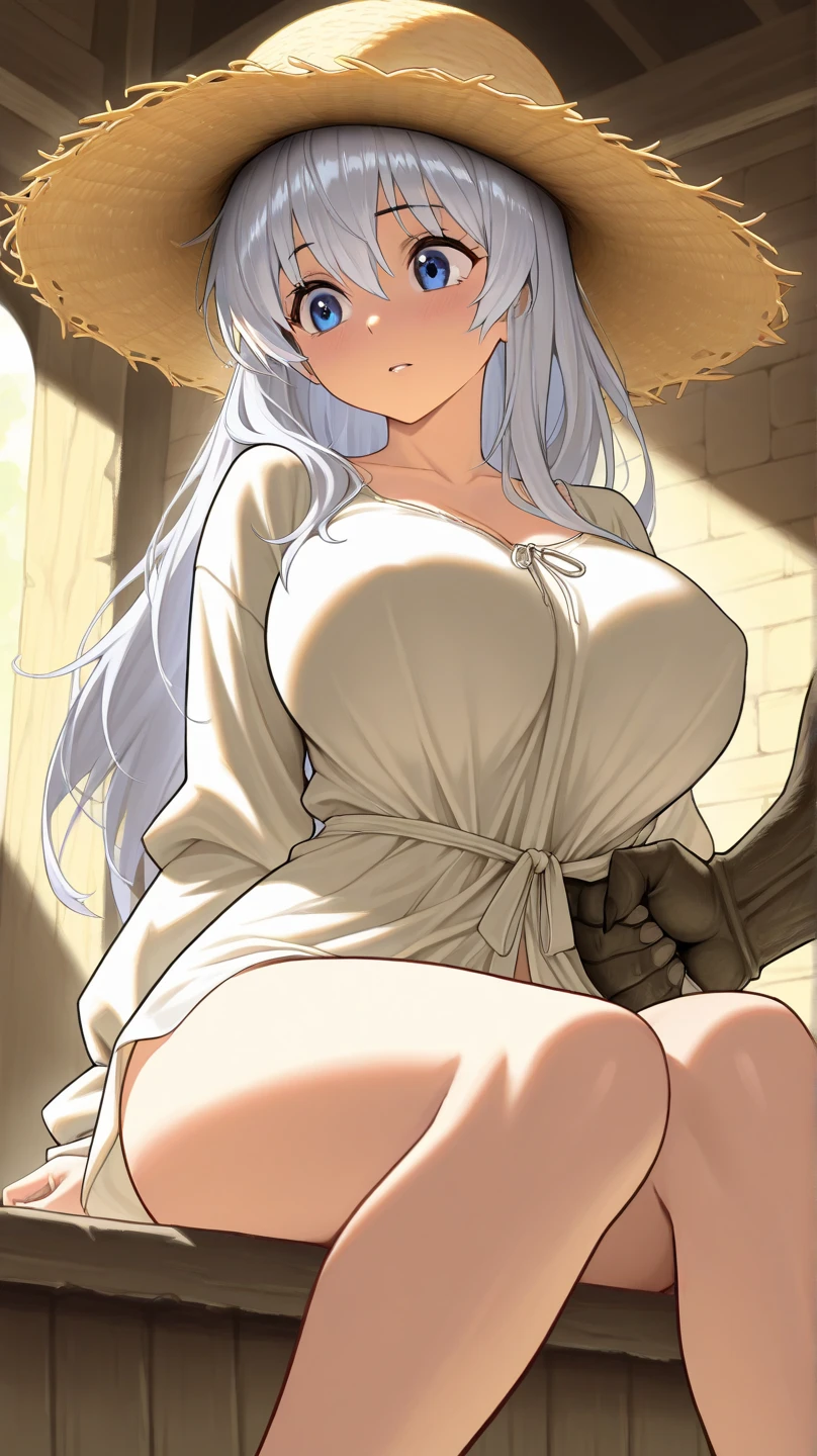 Mirajane, natural lighting, masterpiece, highly detailed, illustration, game CG, absurdres, high quality, aichan, large breasts, beautiful detailed eyes, short, (tape gag), (tape bound), (arms bound), (legs bound:1.2), eyes wide, shocked, surprised, collarbone, sitting, (knees bent), mirajane has a huge ass, Mirajane is Nude, mirajane has huge tits 