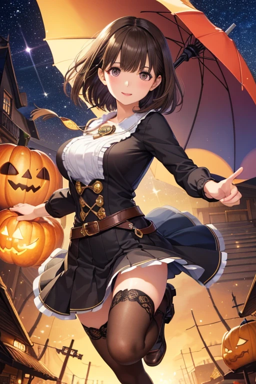 (Highest quality illustrations:1.2), (Kawaii Girl:1.1), (1girl in, 独奏:1.5), (1girl in、14years、childish、One pose、cute little、Neat and clean image、tiny chest:1.5、ultradetailed eyes:1.2)、(small tits,flat breast:1.1)、((Brown-eyed、Brown hair:1.5))、(shorth hair)、hair wavy、curlyhair、bangss、low twintails、short twintails、Happy Halloween、 Halloween Cosplay、sexy pose、Sexy costume、Big Witch Hat BREAK(top-quality、ultra-detailliert、highly detailed and beautiful、超A high resolution、Detailed arm:1.2)、a closeup、bustup, Wink(