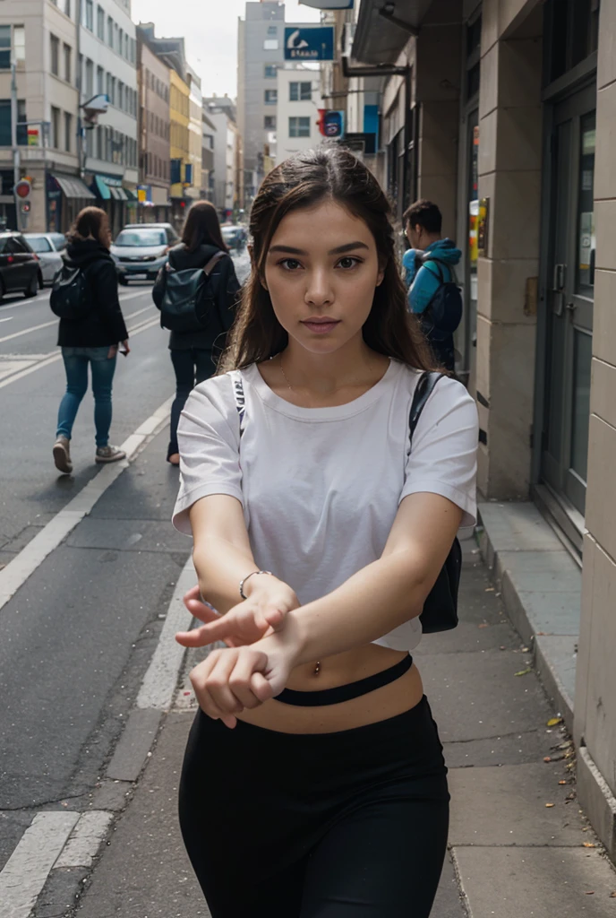 photo of a 18 year old girl,happy,looking at viewer,(shirt:1.2),(pants:1.2),outdoor,windy,street,crowded,new york city,ray tracing,detail shadow,shot on Fujifilm X-T4,85mm f1.2,sharp focus,depth of field,blurry background,bokeh,motion blur,<lora:add_detail:1>,