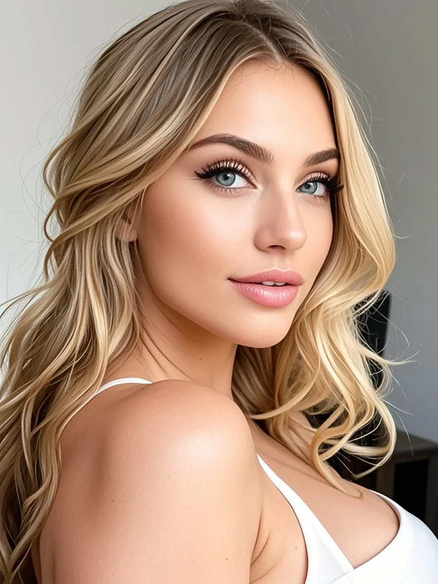 Aesthetic work of art, Eine Frau, blondes Haar, Schwarze Augen, Glattes Haar, Flushed cheeks, vollen Lippen, schelmischer Blick, hellbraune Haut, Kurzes schwarzes Kleid, sexy physique,