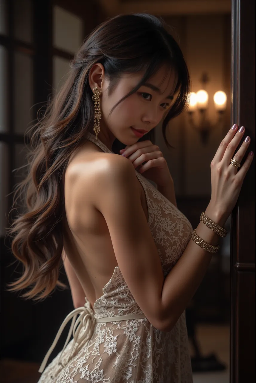 ULZZANG-6500-v1.1, (Kim Kyung-hee, wife of the 13th President of South Korea), portrait of a sexy girl, 1 girl, ((Very beautiful girl)))), ((((Cowboy shot: 1.2))), Freckles (pure skin, realistic eyes and face details), (Dark skin: 1.2), (RAW photo, highest quality), (Realistic, photorealistic: 1.3), Very delicate and beautiful, amazing, fine details, masterpieces, super detail, high resolution, best illustration, best shadows, depth of field, curly hair, long brunette curly, (disheveled hair: 1), ((soft lighting: 1.4)))), {{detail face}}, detailed eyes, (beautiful face), European beauty, k-pop idol, , beautiful 20 year old beautiful girl), shining eyes: 1.3, shining lips: 1.3, Medium breasts: 1.0, tall woman, in the city, butt in panties, look at the viewer, {{lie face down}}, sharp focus, 8k UHD, DSLR, high quality, Leica M9 35mm, filmg, hyperrealism, RAW, {intricate details}}, {best quality}}, {{masterpiece}}, best quality, ultra detail, ultra high definition, Highly detailed physics-based, High resolution, High definition, High quality textures, Intricate details, Detailed textures, Fine details, Highly detailed CG, High quality shadows, Realistic representation of face, Highly detailed skin, Skin details, Slim waist, Beautiful realistic and detailed hands and fingers: 1, Best ratio 4 fingers and 1 thumb, rim lighting, {{Dawn sunset}}, sexy body, Sexy thighs, (slim body: 1), erotica, vivid, bokeh background, cinematic shots, grainy, detailed, realistic, beautiful, stunning lighting, stunning reflections, (big breasts: 1.4), (high detail skin texture: 1.2), (narrow waist: 1.2), (huge thighs: 1), in hotel lobby, (silk dress: 1.2)), (off-shoulder: 1), ( cleavage: 1), (luxury watch: 1), (gold earrings: 1.0), (gold necklace: 1.0), (thick thighs: 1.4), (wind: 1.4), sexy, man-inviting gesture, perverted woman,