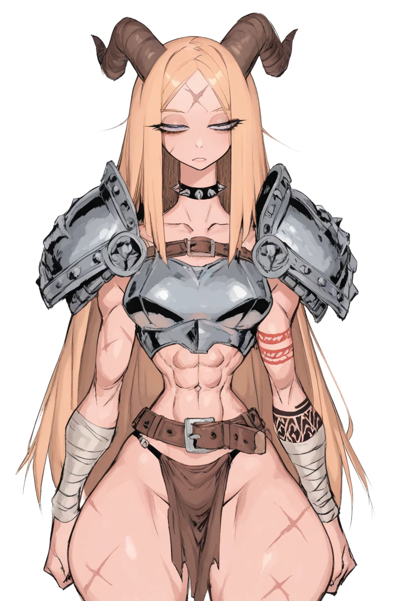 girl, athletic, muscular body, she has long blonde hair, the bangs in her hair hide her eyes, she wears torn clothes and a metal breastplate, she walks like a beast, doggy pose