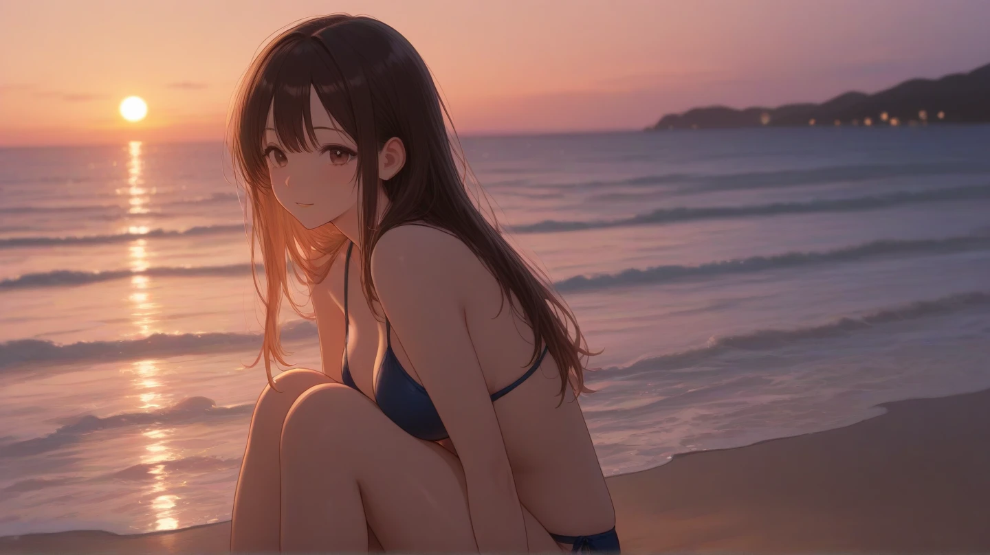 Silver-haired girl drawn in high resolution Japanese anime style、Standing alone on the white sand beach of a deserted island。She is wearing a gorgeous pink bikini.、Her hair is in a ponytail that sparkles in the light...。The sea in the background shines emerald green...、The beach is littered with shells and pebbles.、time々、Small waves gently wash up on the shore。Tropical wood々Swaying in the Wind、Mr...々Among the branches々Birds are singing..。wood々Colorful flowers blooming in abundance、The entire island is filled with abundant nature...。On the horizon of a distant sea、The setting sun casts a beautiful orange glow over the ocean.、It gives the whole place a mystical feel...。、Wakame seaweed、Wakame seaweed、Wakame seaweed、Wakame seaweed、Wakame seaweed、Wakame seaweed、