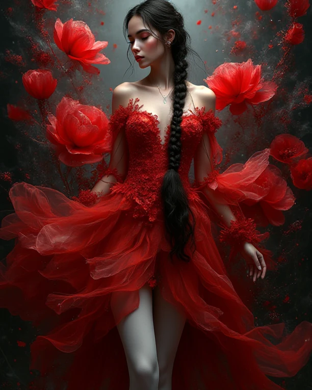 minimalism, 1girl, full body, solo, red dress, floating ribbons, looking at viewer, walking on water, falling rose petals, white hair, long hair, parted lips, happy, dark background, simple background, professional lighting, dof, photo, realistic, (masterpiece:1.2), (best quality:1.1), 8k, high detail, symmetry, centered composition