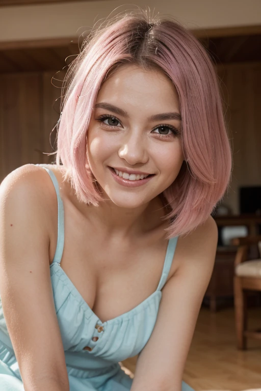 a photo of an extremely beautiful woman with perfect features, smiling and looking into the camera. she has highlighted hot pink hair and cat ears. a super model photoshoot. proper lighting.