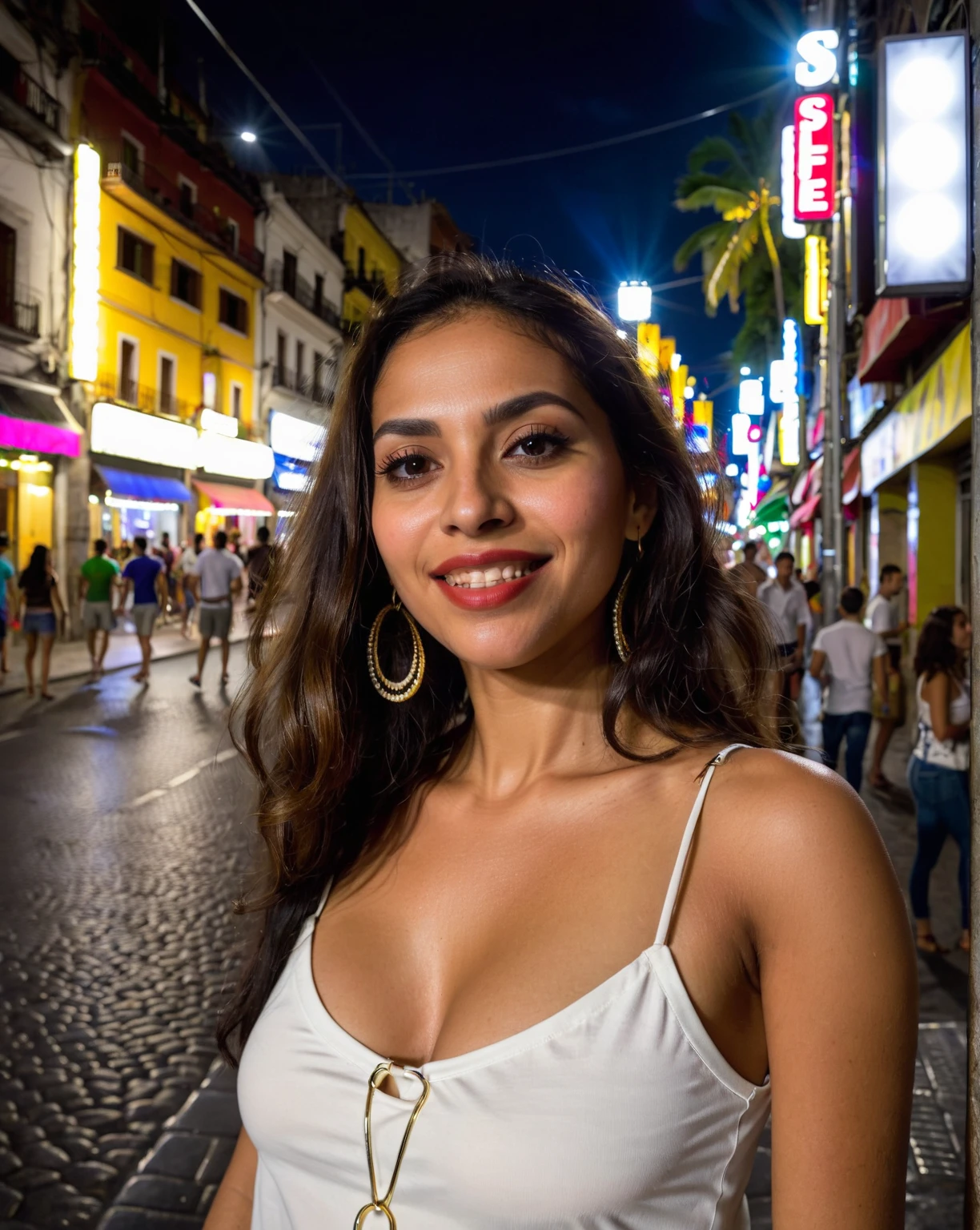 her name is Valentina, high quality, 1girl, ((20-year-old fit Latina woman)), ((20 years old)), ((Big tits)), long curly hair, pose: sitting, wearing stylish fashionable Generation-Z modern wear different colored, BACKGROUND: In the lively Lapa neighborhood, where samba rhythms fill the air and street vendors offer colorful crafts, locals gather for a lively evening of music and dance.
