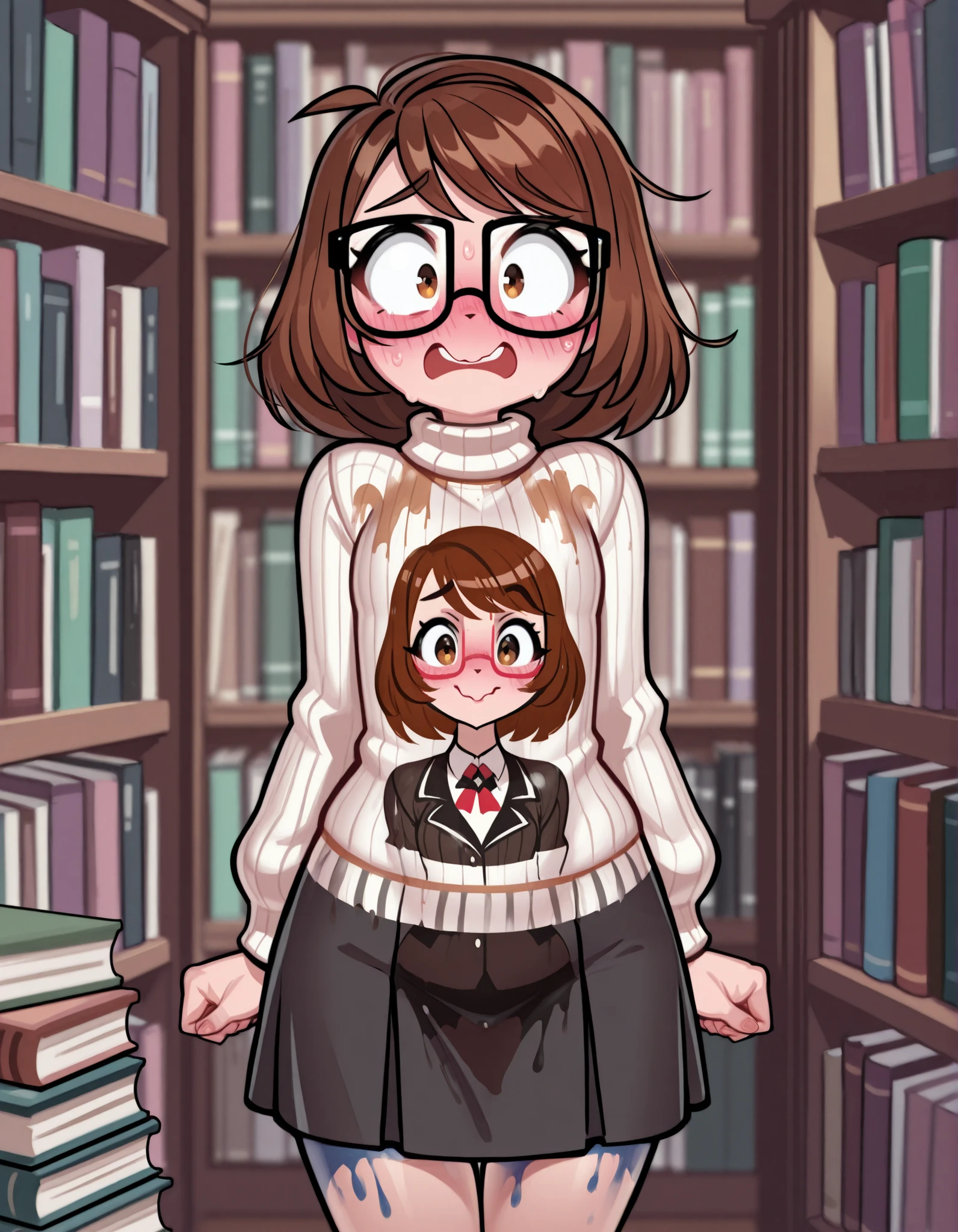 KateR, a cute nerdy girl, body painting, a sweater painted on her body, a skirt painted on her body, thick-rim glasses, messy short brown hair, in a library, books, blushing, nervous, excited