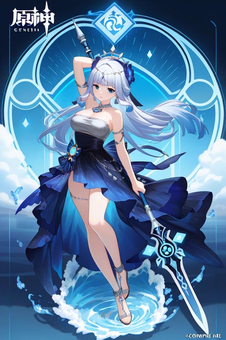 파란 머리와 파란 wearing a dress 흰색 시트를 들고 있는 애니메이션 소녀, an anime drawing by Shitao, pixiv, process art, wearing a dress, I will deny the problem, cirno, digital art on pixiv, Cute anime waifu in a fancy dress, Blue scales covering the chest, white turquoise, Animation Moe Artstyle, top rated on pixiv