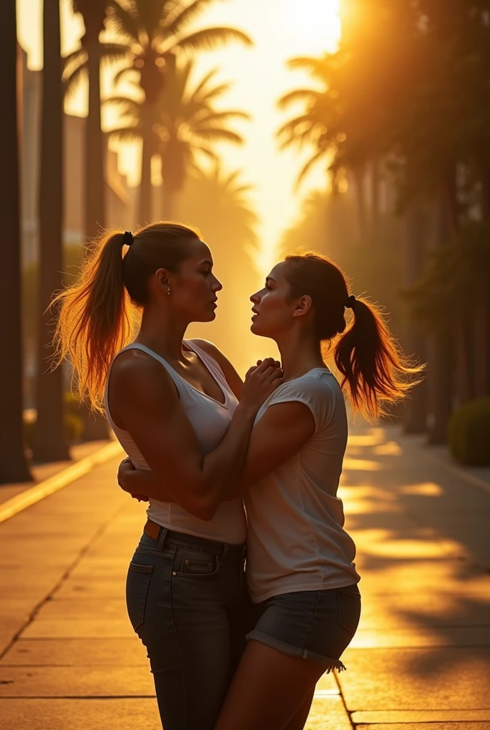 have two people talking to each other while the sun raises they are both Hispanic females
