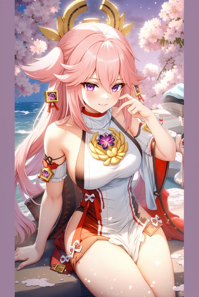 Yae miko 1girl, solo, heart, vulominous body, siting in a thight white leotard swimsuit ,beach, dawn, pink hair