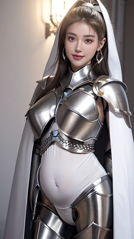 8K, masterpiece, RAW Photos, Highest quality, Realistic, Highly detailed CG Unity 8k wallpaper, Depth of written boundary, Cinematic Light, Lens flare, Ray Tracing, (Very beautiful face, Beautiful Lips, Beautiful Eyes), Exquisitely detailed face, ((Highly detailed skin)) One Girl, In the Dark, Deep Shadow, Attractive Russian Model、Born Lee, ((View your viewers)), (A seductive smile), (Blurred Background), (Large Breasts:1.5), Earrings, bracelet, necklace, Clear Eyes, castle room, Holding a sword, Front shot, (Pale skin), Look forward, (Big eyes), ((Upper Body Shot)), (Camel Toe, shape), ((nice (White Metal Armor) White cape design:1.5)), (Umbilical cord prolapse:1.5), Light blonde hair, ((A seductive smile)), ((Camel Toe)).
