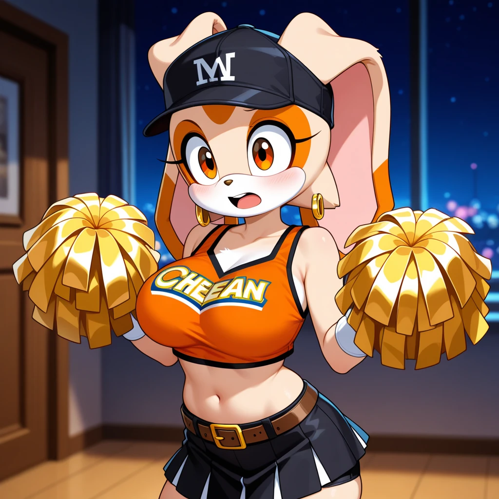 (best quality, masterpiece1.2), 1girl, solo, human, cally3d, (chiku), yellow body, cheerleader, skirt, hair clips, pink eyes, eyeliner, woman, sexy, detailed, extreme detail, perfect lighting, 4k, cleavage, wrist bands, tall,