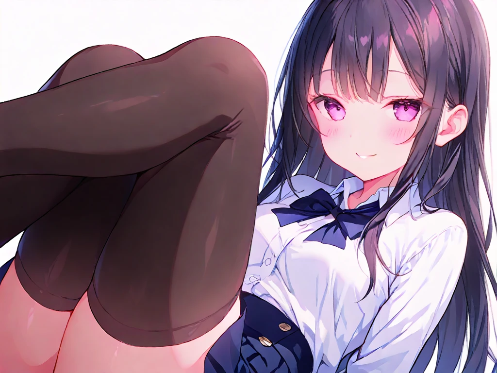 Gal High School Girl、One girl in a mini skirt, Squat with your legs wide apart、Looking down at the viewer, Twin tails, Highest quality, Focus on the thighs, Dynamic pose, smile, blazer, blouse, Black Pantyhose, panties under pantyhose, , classroom, Black Hair,My thighs are steaming between the legs 、Sweaty pantyhose、Show the soles of your feet here、My feet are stuffy