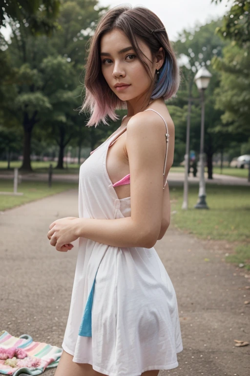 create an image of a Japanese model with pink and blue hair