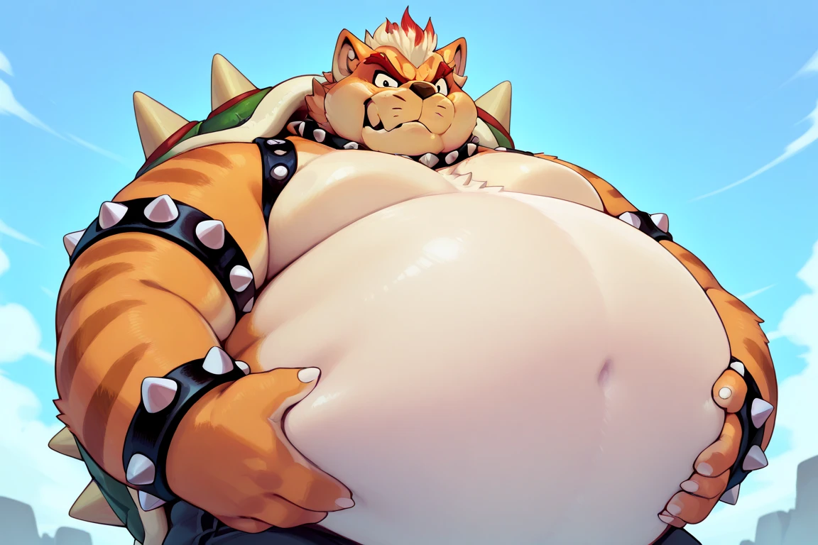 Giant fat bowser from super Mario wearing a orange latex scuba suit at the beach sitting on a beach chair, being inflated, fat, overweight, massive belly, vore, large massive stomach, arms and legs sucked into torso, torso is shaped like a big round inflated ball