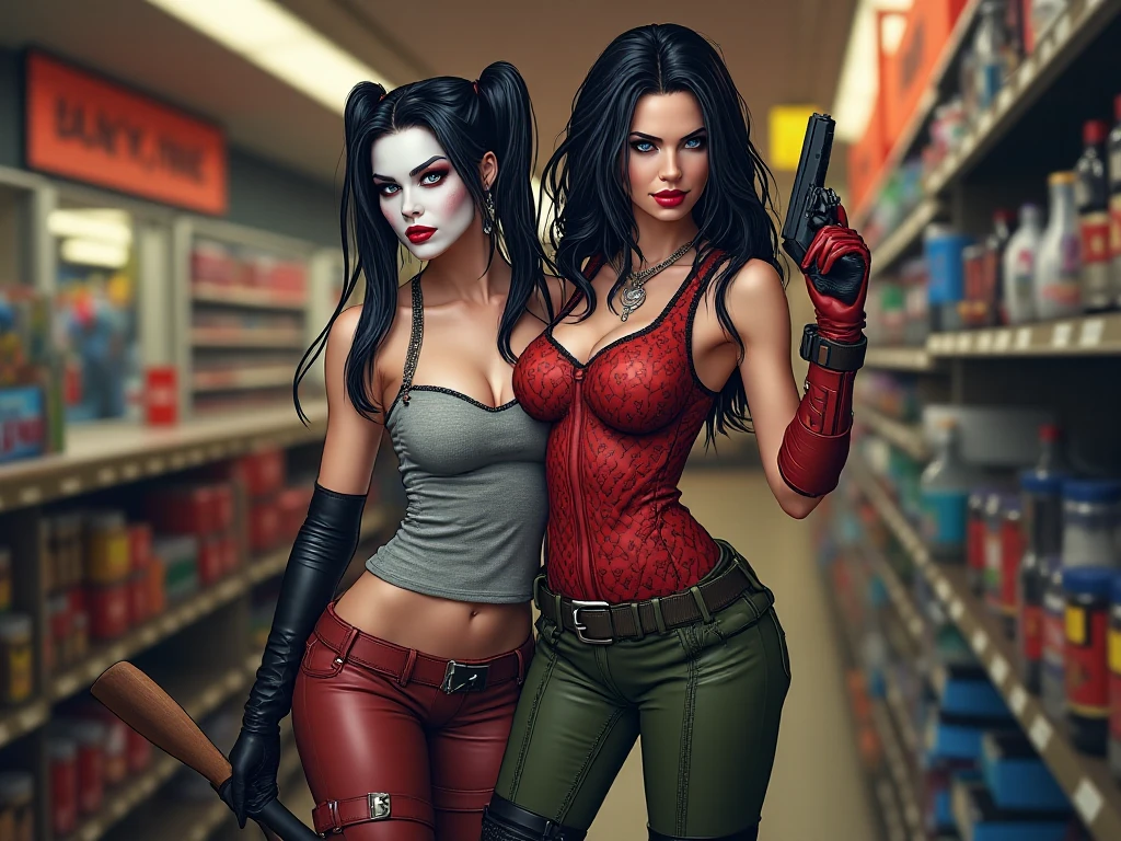 2girls, Young adult women 22 years realistic, sexy modern punk style, with long hair, heavily tattooed on her cleavage, cowboy shot, many colours, black hair with red streaks, cowboy shot, biker girl, rose tattoos, touching, hugging, lesbian, looking at camera
