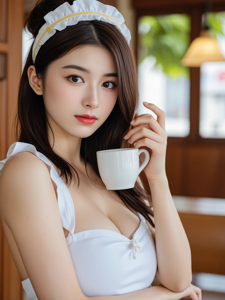Masterpiece, Best Quality, Very Detailed, 8k, Photorealistic, soft focus, beautiful detailed eyes, detailed face, double eyelid, 1girl, solo, beautiful skin, real human skin, close-up shot, Half-body, close-up head to breasts,BREAK,(White mesh net long sleeve V round neck:1.3),BREAK, (Black Mini skirt with lots of pleats), beautiful firm breasts, beautiful cleavage, mature body, erotic body, mature body, 18 years old girl, beautiful girl, Japanese idol, medium hair, brown hair, seductive smile, NSFW, The Alps are clearly visible in the background,(best smile:1.3), sitting on a bench by the cottage, (holding a coffee cup in his right hand and drinking it),