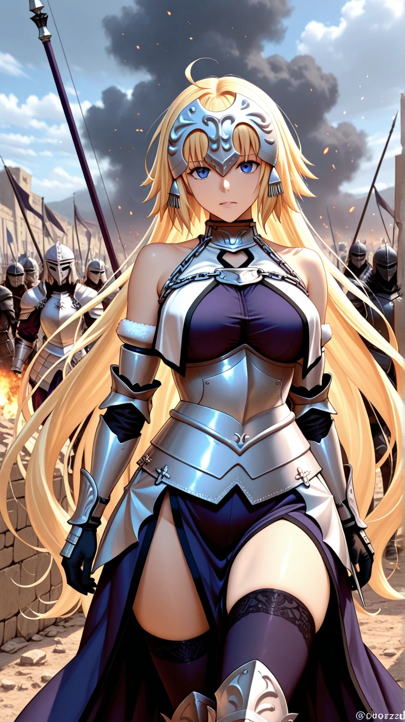 best quality, masterpiece,highly detailed,anime,1girl,mature female,upper body,(jeanne d'arc),medium breasts,perfect face,blond hair,long hair,(white clothes),(bare shoulder),armored dress,(no breastplate,),breasts covered by white clothes,headwear,chain,flag,battlefield in background,depth of field,looking at viewer,cinematic lighting,