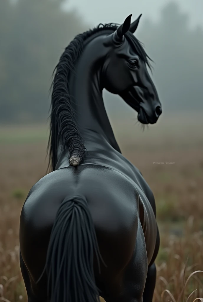 There is one adult character on this picture. The character is a slender anthropomorphic male black horse, black fur, slender character, slender, barefoot, digitigrade, hooves, horse tail, male bare chest, bare chested male, topless male, black nipples, black areolas, nude, naked, black balls, visible balls, balls, black testicles, visible testicles, testicles, black flaccid penis, visible black flaccid penis, black flaccid penis, visible male genitals parts, nsfw. The scene takes place on lavender field. The character is walking on a lavender field. Lavender field on the background. South european village the background. Mediterranean village on the background. Day. Warm light. Summer. Camera rear view. Camera rear-view.
