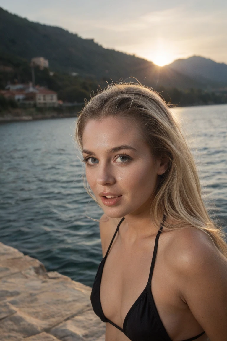 Retrato de uma mulher nua de 26 anos, blonde hair, Swim under water, em um lago, figura sime, seios nus , sedution, Sunset, cinematic rendering, 32k, .RAW