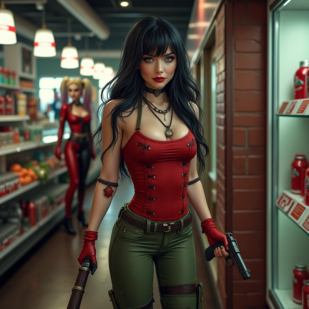 Mila Kunis as a gorgeous Harley Quinn standing on ground at city market, wind in the hair, (8k:1.2) best lighting, perfect masterpiece,