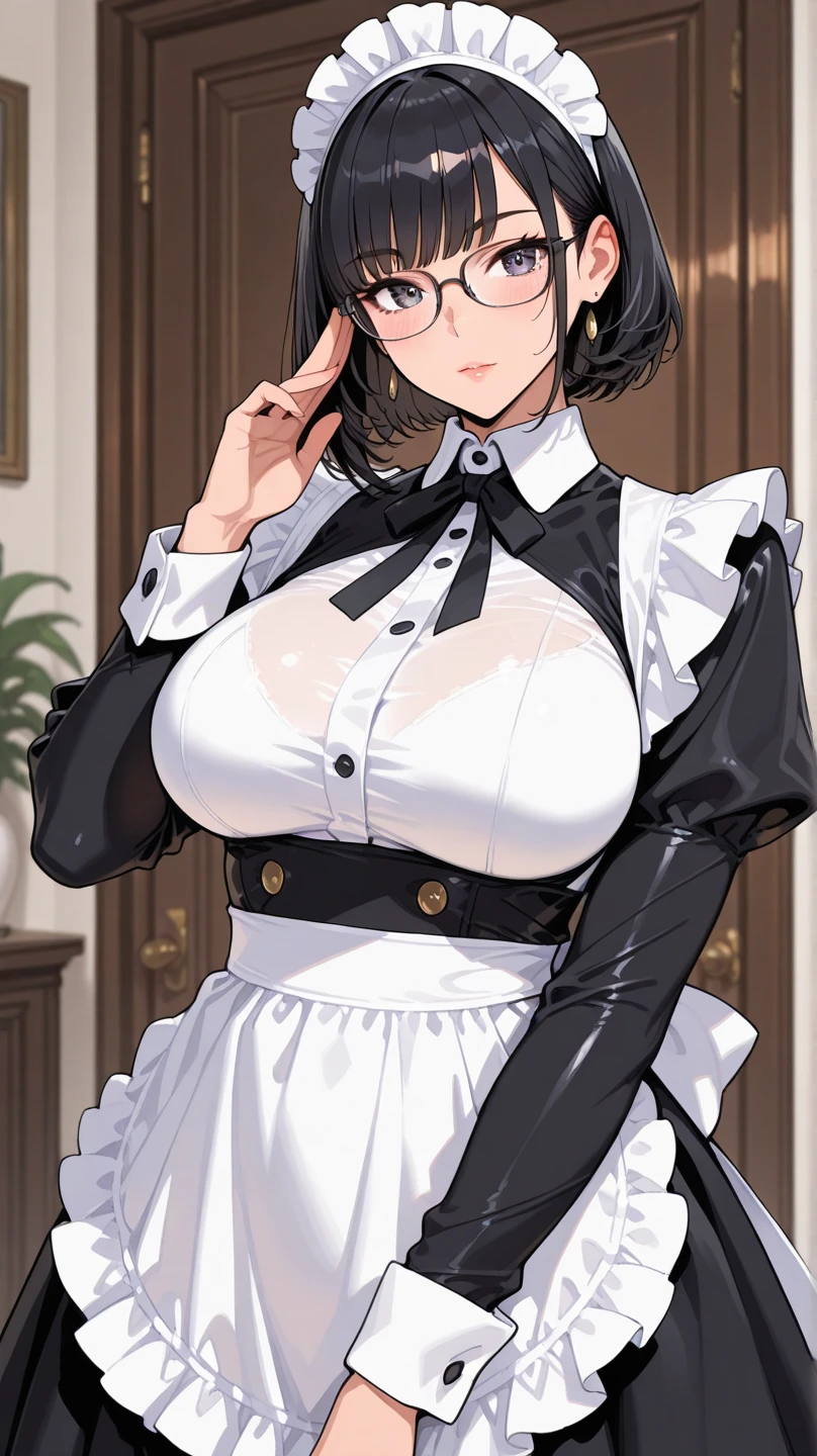 score_5_up,  score_6_up,    
1girl, solo, grabbing own breast, wearing (maid outfit, maid headdress, white apron), short hair, curled horns, bell_choker, glasses, detached sleeves, frills, bare shoulders, large bow, smug, open mouth, fang, large breasts