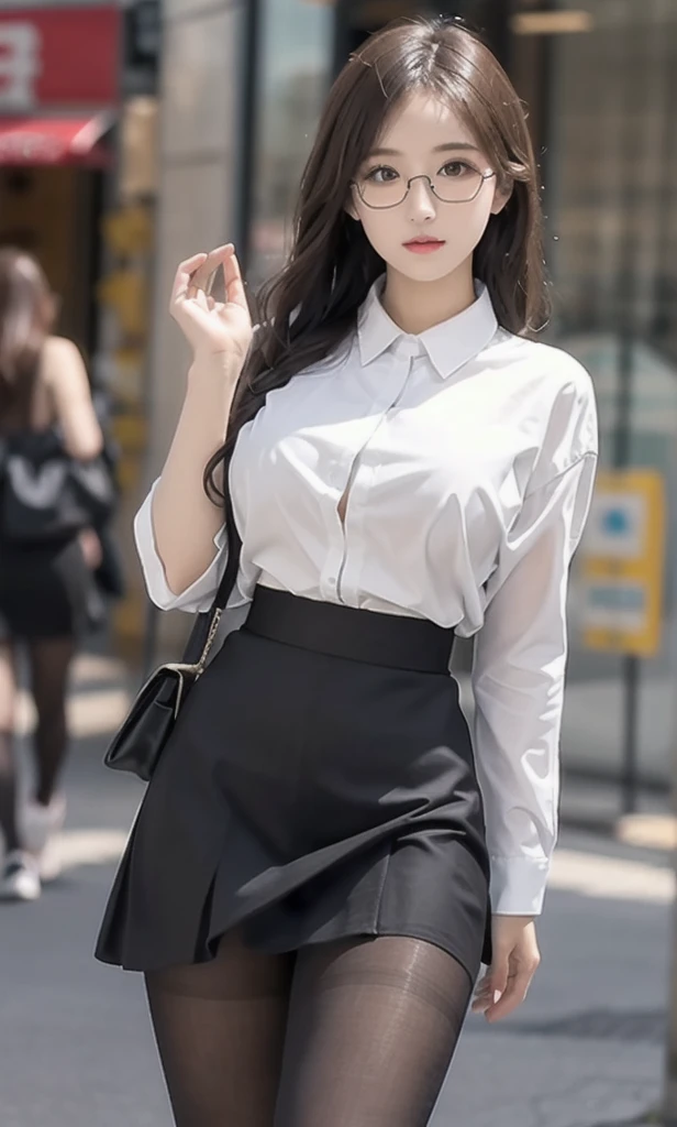 ulzzang-6500-v1.1, (raw photo:1.2), (photorealistic:1.4), beautiful detailed girl, very detailed eyes and face, beautiful detailed eyes, ridiculous, incredibly ridiculous, huge file size, super detailed, high resolution, very detailed, best quality, masterpiece, ((fashion clothing with diverse colors)), illustration, very detailed, CG, unified, 8k wallpaper, amazing, fine detail, masterpiece ,best quality, very detailed CG uniform 8k wallpaper, light on face, movie lighting, 1girl, 16 years old, long white hair, side splits, (big breasts), (no panties)), (glasses), ((dynamic pose))), ((sexy pose))), (camel toe), (half), (pantyhose)), ((black hip skirt))