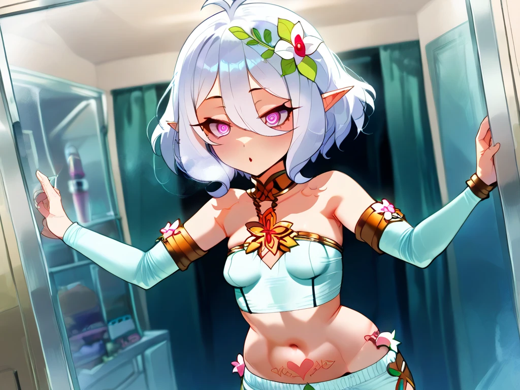 (High definition) (masterpiece) 1 girl, elf, body, cute face, young, slender, perfect waistline, perfect legs, small breasts, black bikini top, small jeans shorts, cute green eyes, medium sized silver hair, smiling, sexy pose